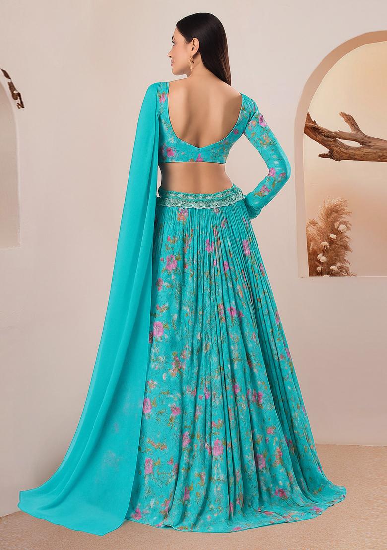 Sky Blue Printed Lehenga Set - Indya