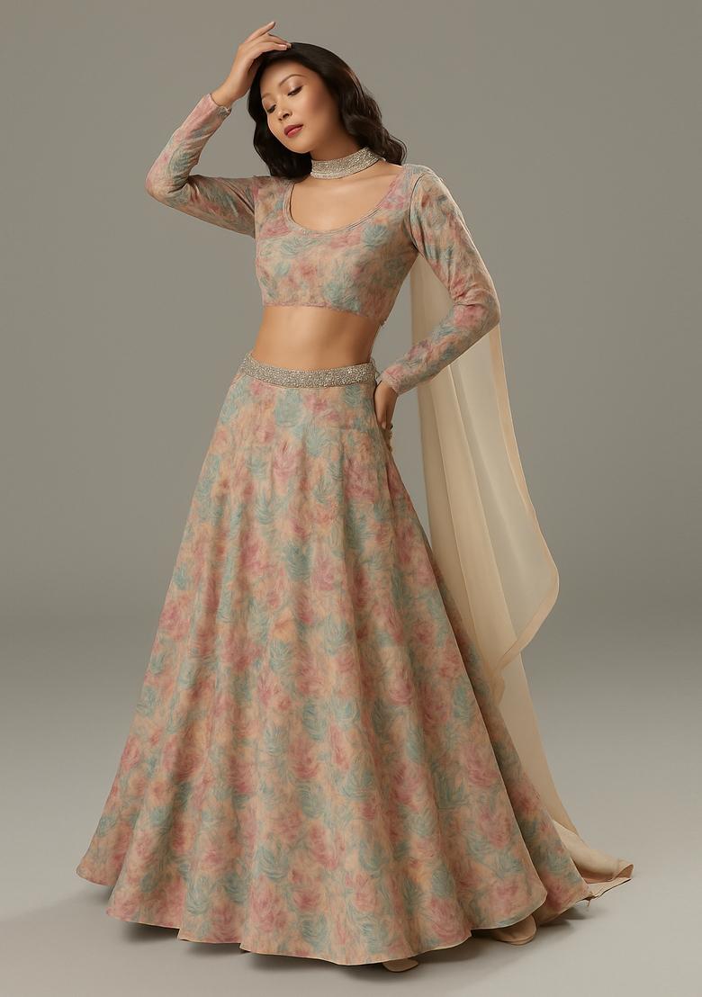 Multicolor Printed Organza Lehenga Set