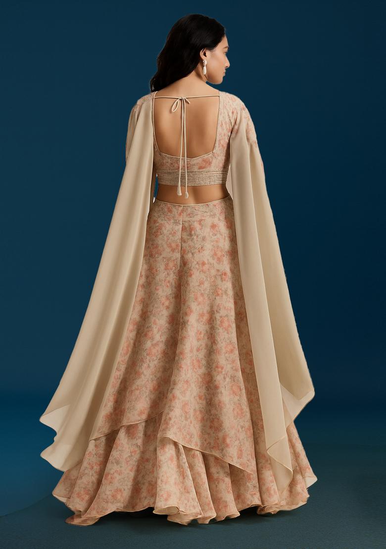 Beige Printed Organza Lehenga Set