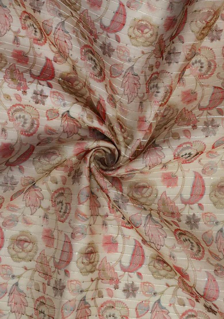 Beige Printed Organza Lehenga Set