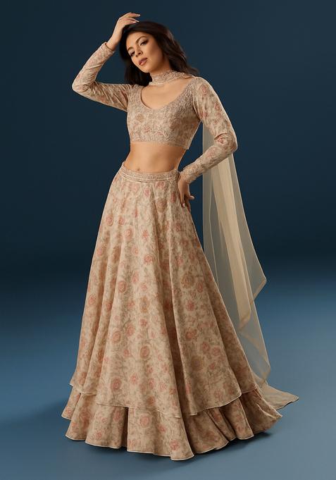 Beige Printed Organza Lehenga Set