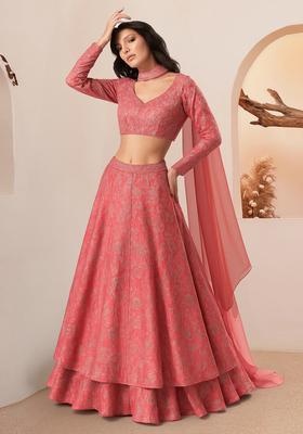 Pink Printed Organza Lehenga Set