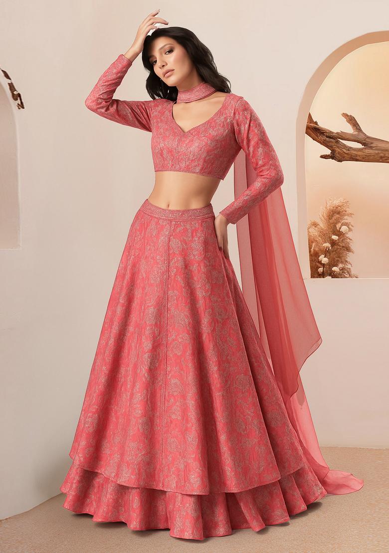Pink Printed Organza Lehenga Set