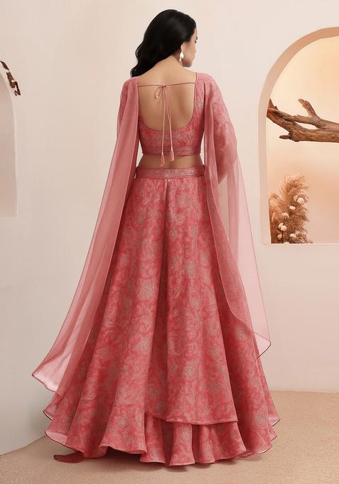 Pink Printed Organza Lehenga Set