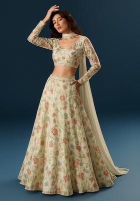 Multicolor Printed Organza Lehenga Set