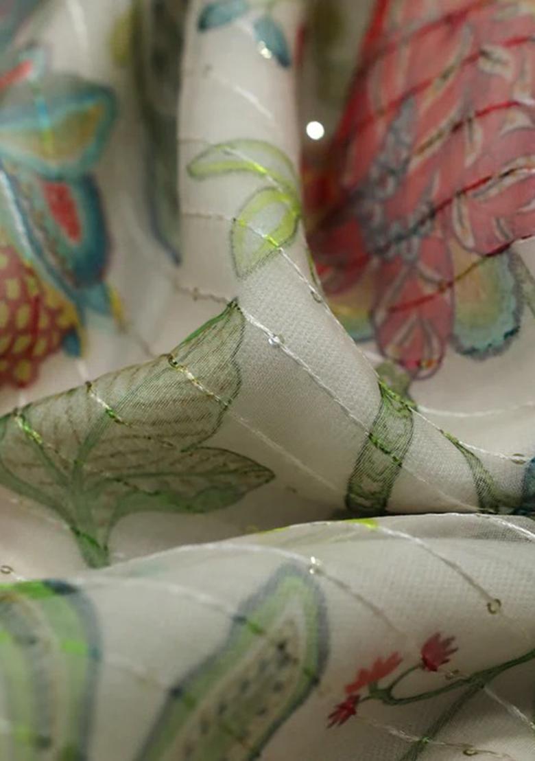 Off White Printed Organza Lehenga Set