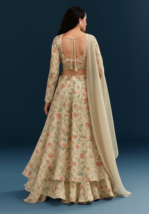 Off White Printed Organza Lehenga Set