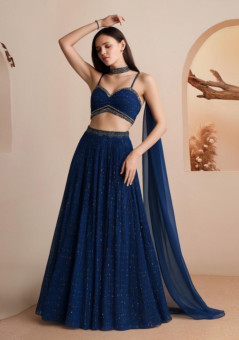 Blue Embellished Lehenga Set - Indya