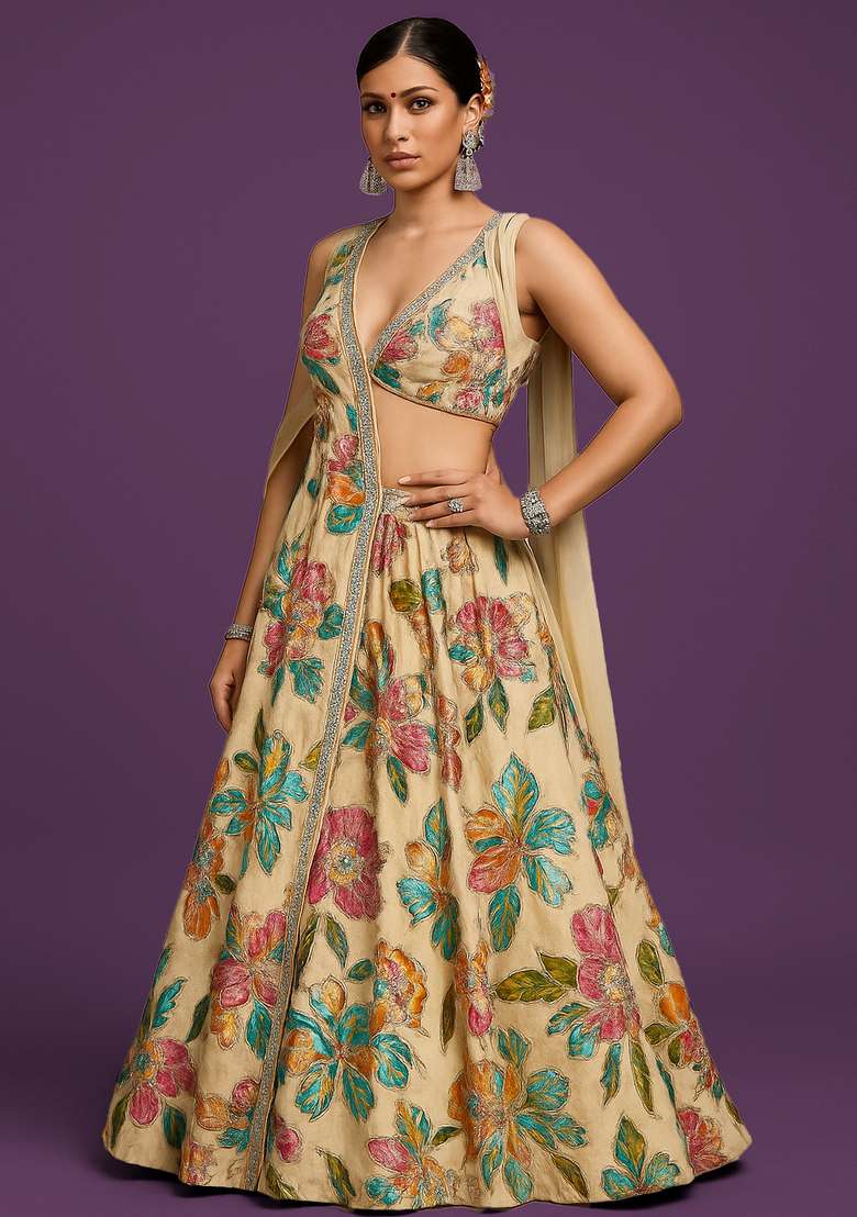 Cream Embroidered Organza Lehenga Set - Indya
