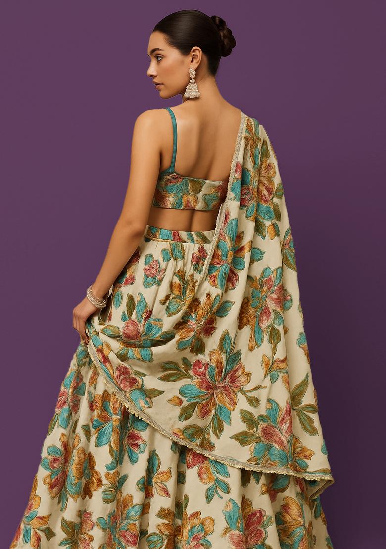 Cream Embroidered Organza Lehenga Set - Indya