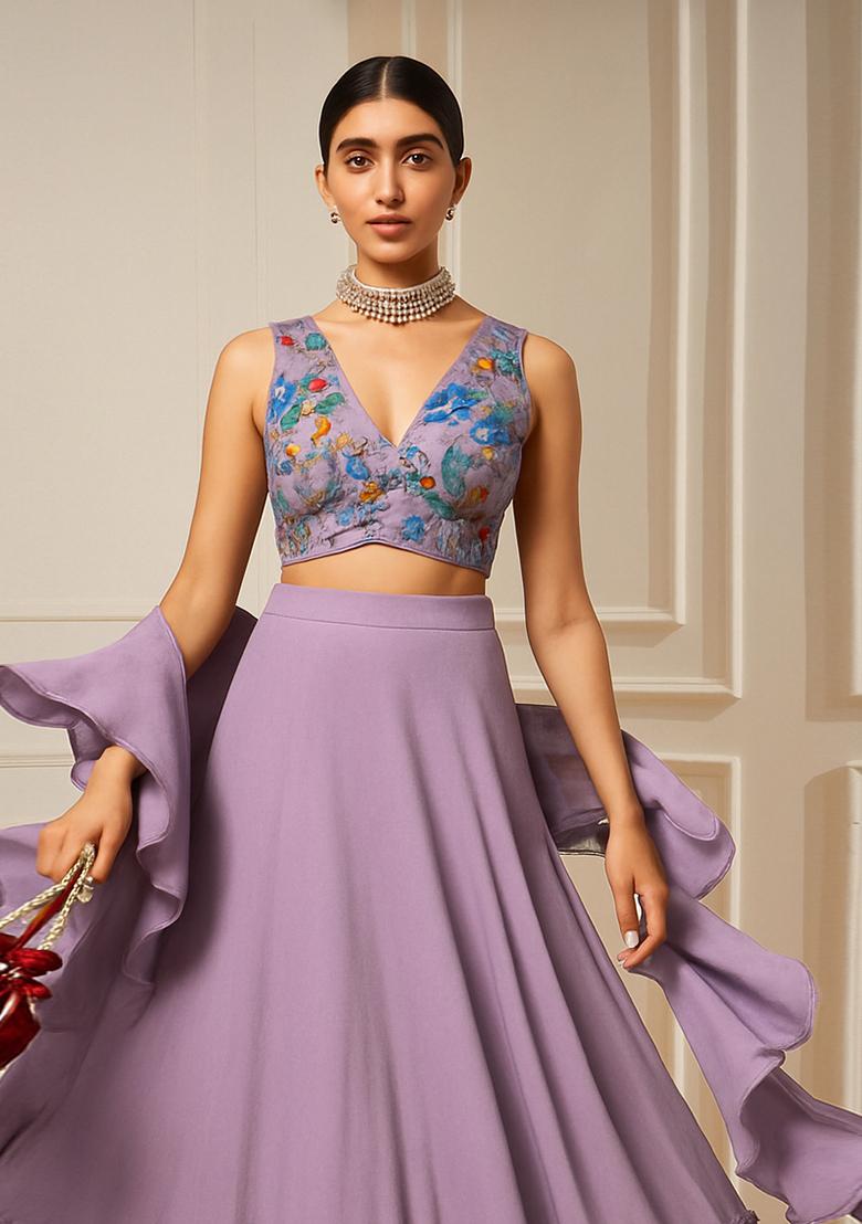Purple Embroidered Organza Lehenga Set - Indya