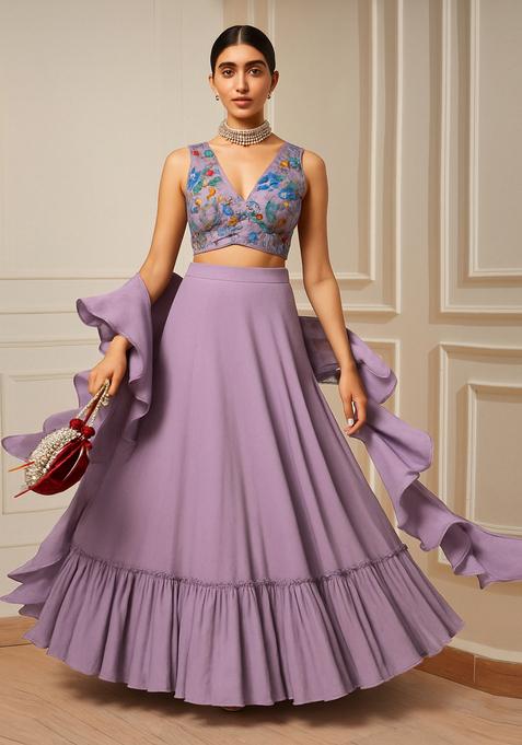 Purple Embroidered Blouse Organza Lehenga Set