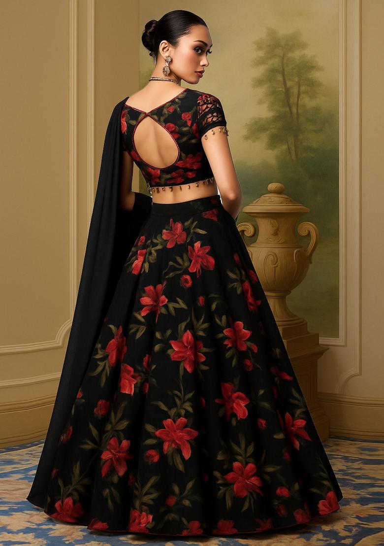 Black Printed Chiffon Lehenga Set - Indya