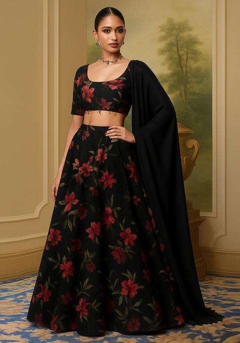 Black Printed Chiffon Lehenga Set