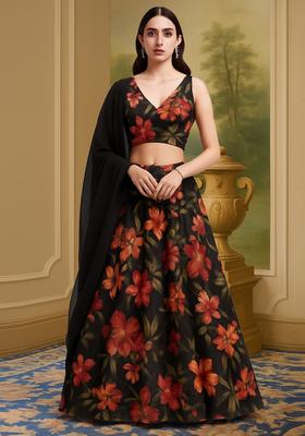 Black Printed Chiffon Lehenga Set