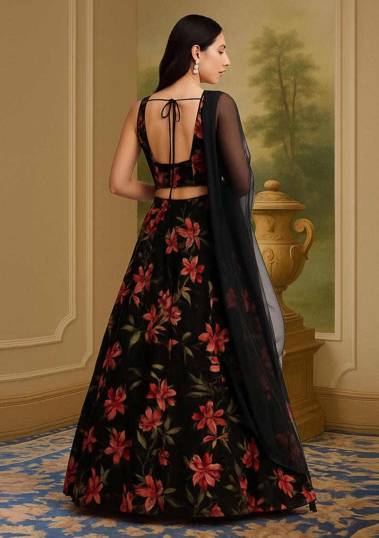 Black Printed Chiffon Lehenga Set - Indya