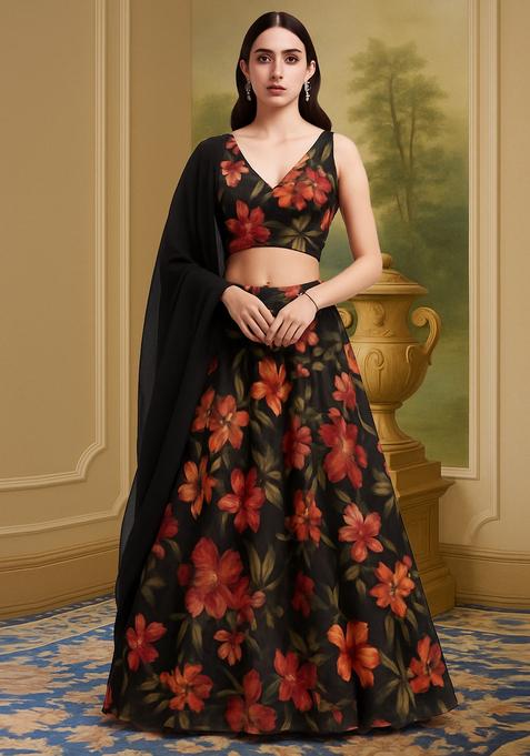 Black Printed Chiffon Lehenga Set