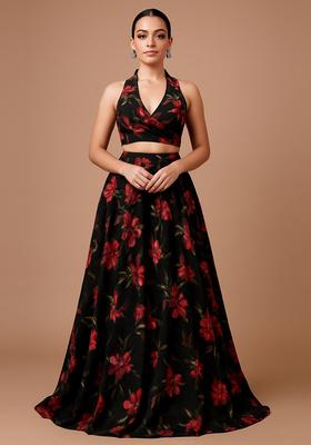 Black And Red Printed Chiffon Lehenga Set