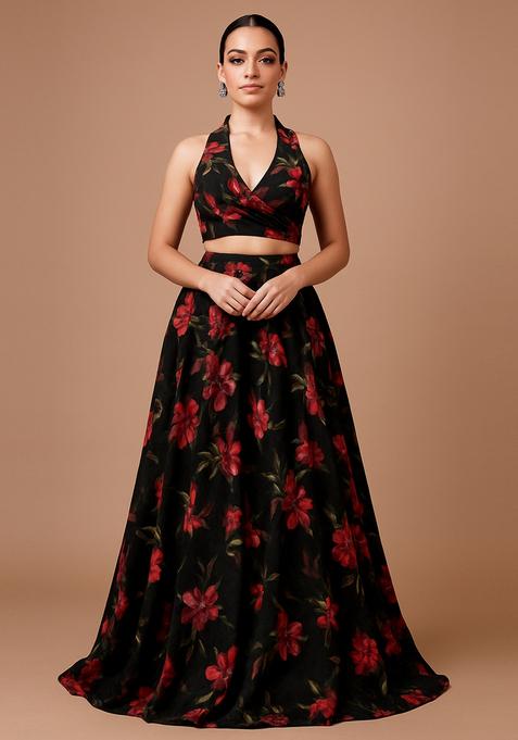 Black And Red Printed Chiffon Lehenga Set
