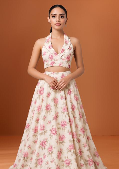 White And Pink Printed Chiffon Lehenga Set