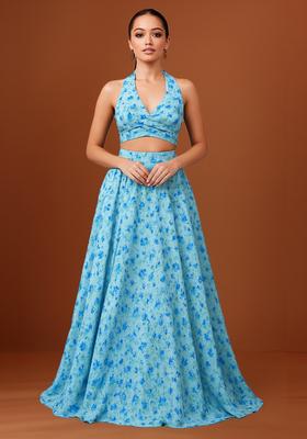 Blue Printed Chiffon Lehenga Set
