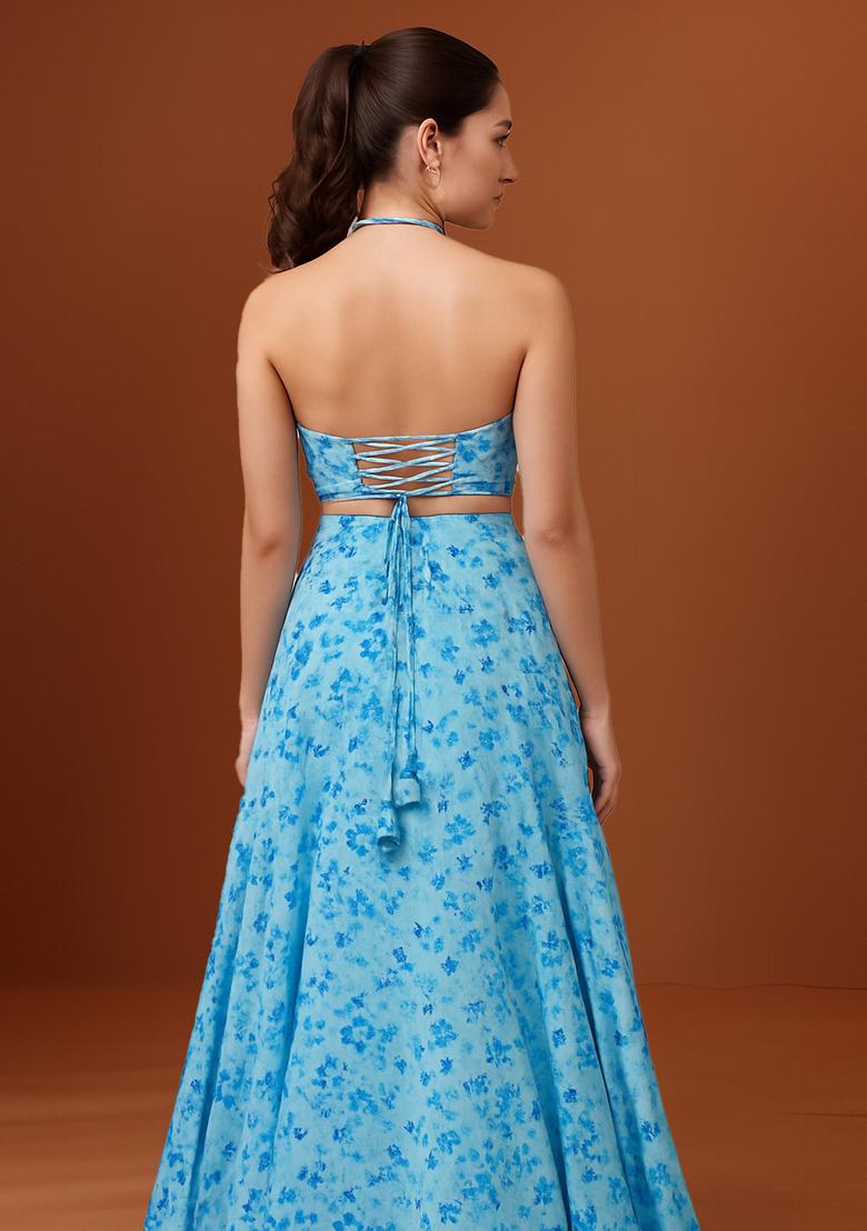 Blue Printed Chiffon Lehenga Set - Indya