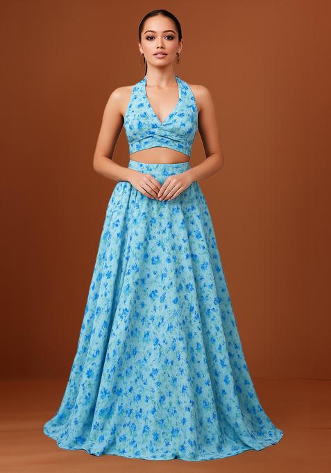 Blue Printed Chiffon Lehenga Set