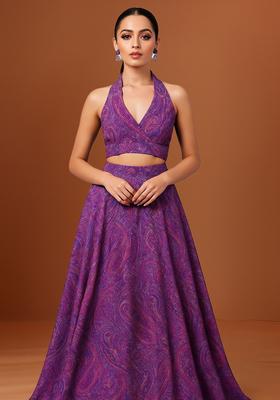 Purple Printed Chiffon Lehenga Set