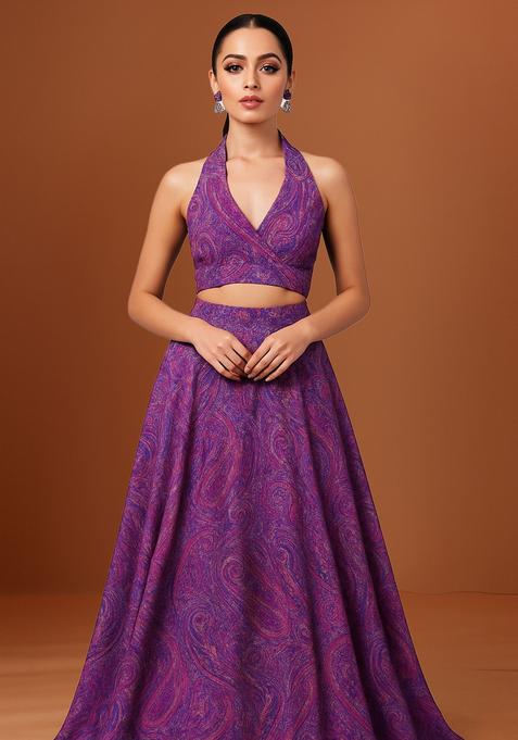 Purple Printed Chiffon Lehenga Set