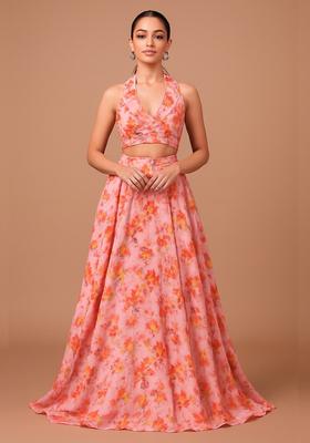 Orange Printed Chiffon Lehenga Set