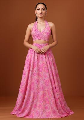 Pink Printed Chiffon Lehenga Set