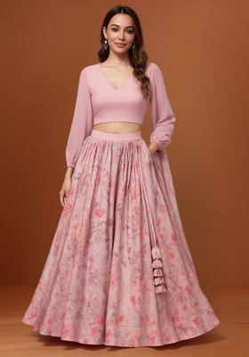 Pink Printed Organza Lehenga Set
