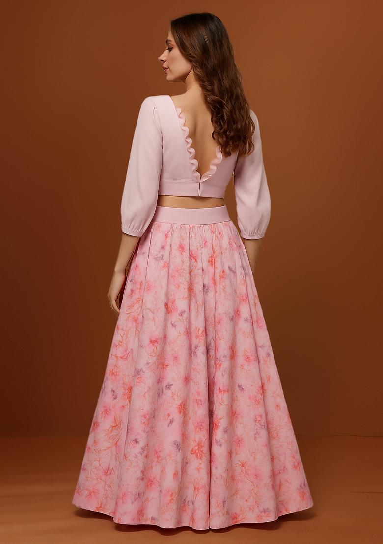 Pink Printed Organza Lehenga Set - Indya