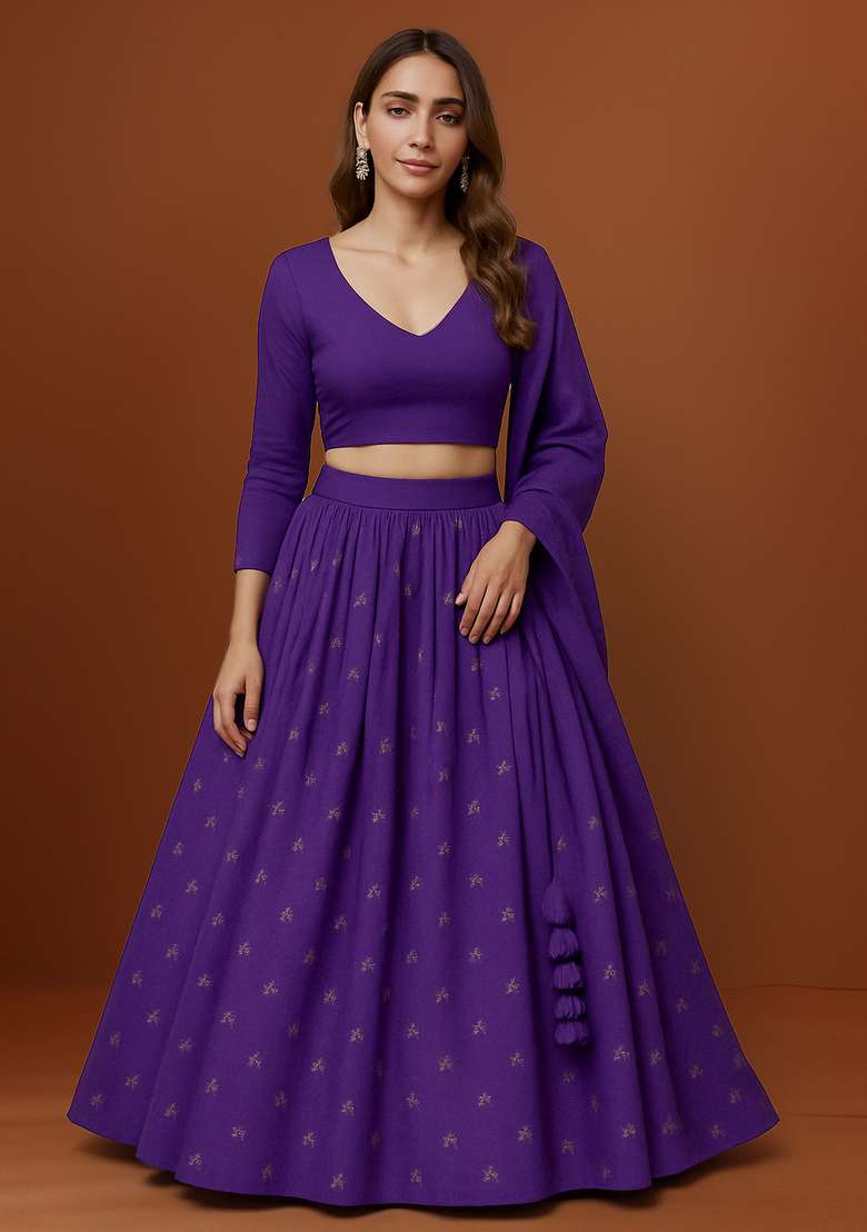 Purple Embroidered Georgette Lehenga Set - Indya