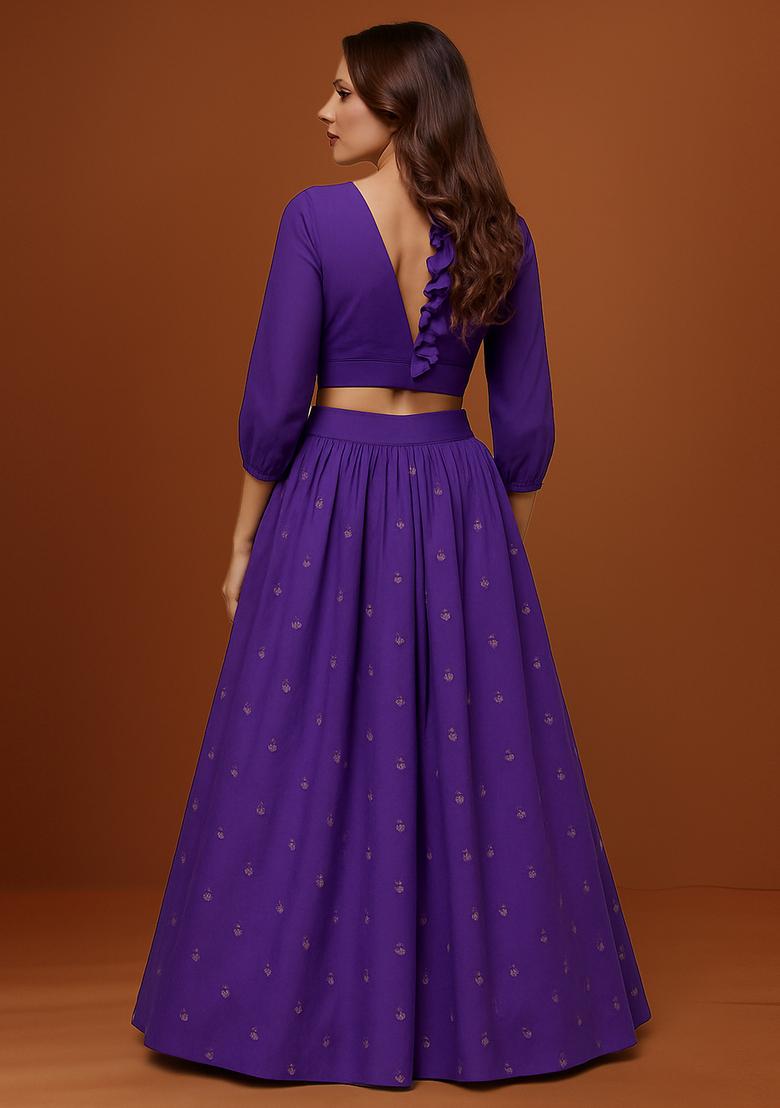 Purple Embroidered Georgette Lehenga Set - Indya