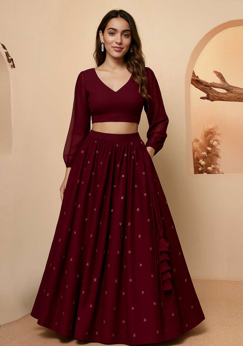 Maroon Embroidered Georgette Lehenga Set - Indya