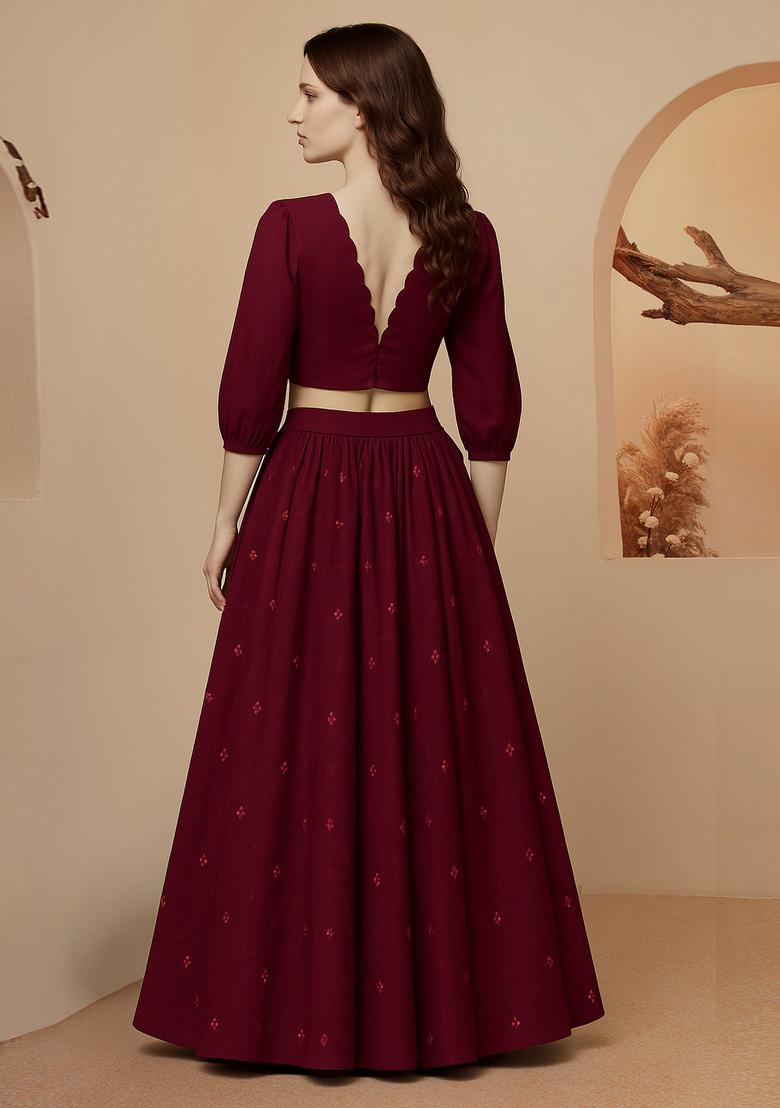 Maroon Embroidered Georgette Lehenga Set - Indya