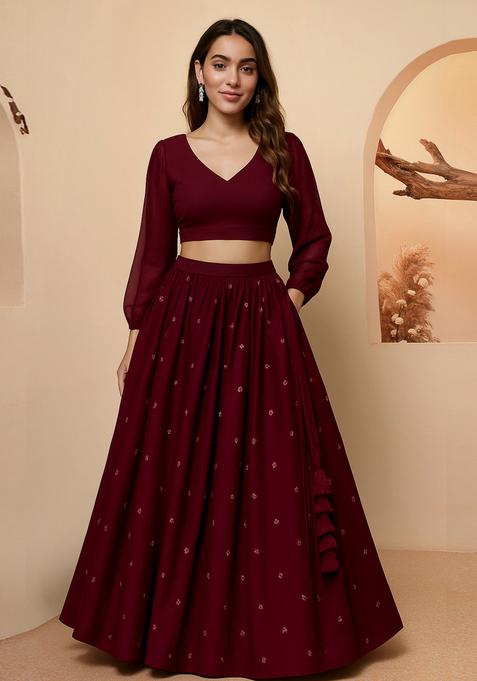 Maroon Embroidered Georgette Lehenga Set