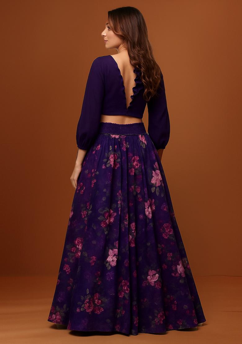 Purple Embroidered Organza Lehenga Set - Indya