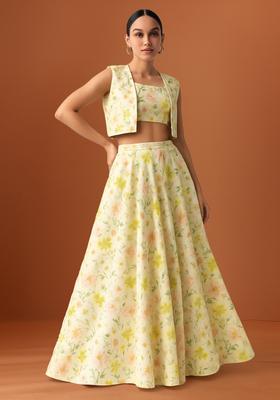 Yellow Printed Satin Lehenga Set