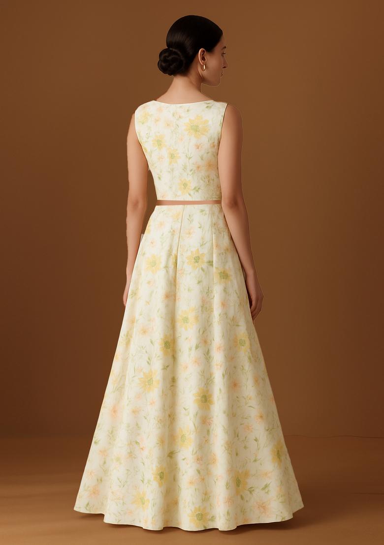 Yellow Printed Satin Lehenga Set - Indya