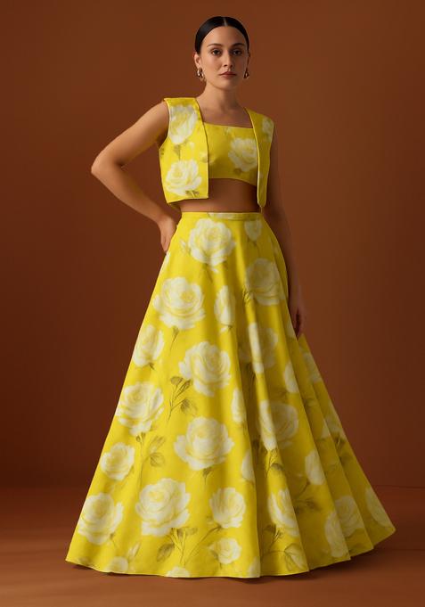 Yellow Printed Satin Lehenga Set