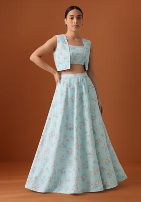 Blue Printed Satin Lehenga Set