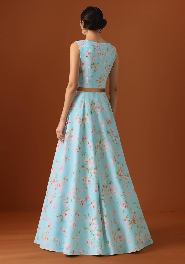 Blue Printed Satin Lehenga Set - Indya