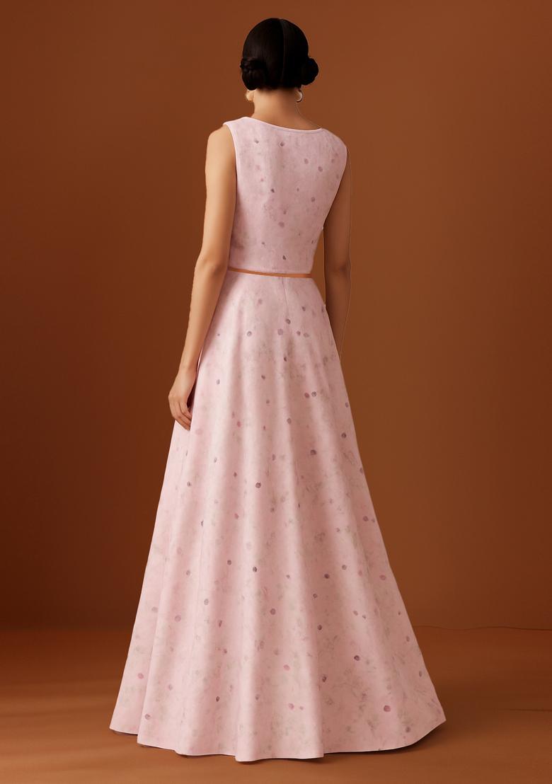 Pink Printed Satin Lehenga Set - Indya