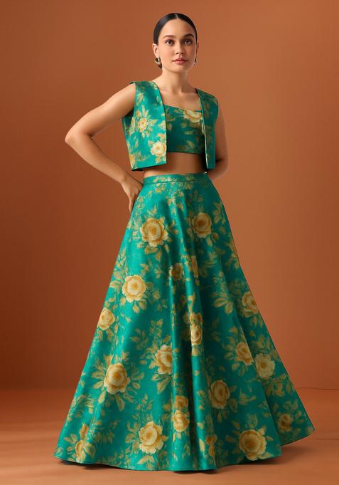 Blue Printed Satin Lehenga Set