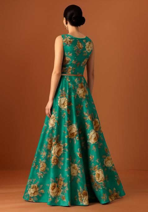 Blue Printed Satin Lehenga Set