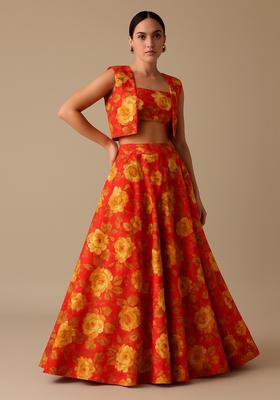 Orange Printed Satin Lehenga Set