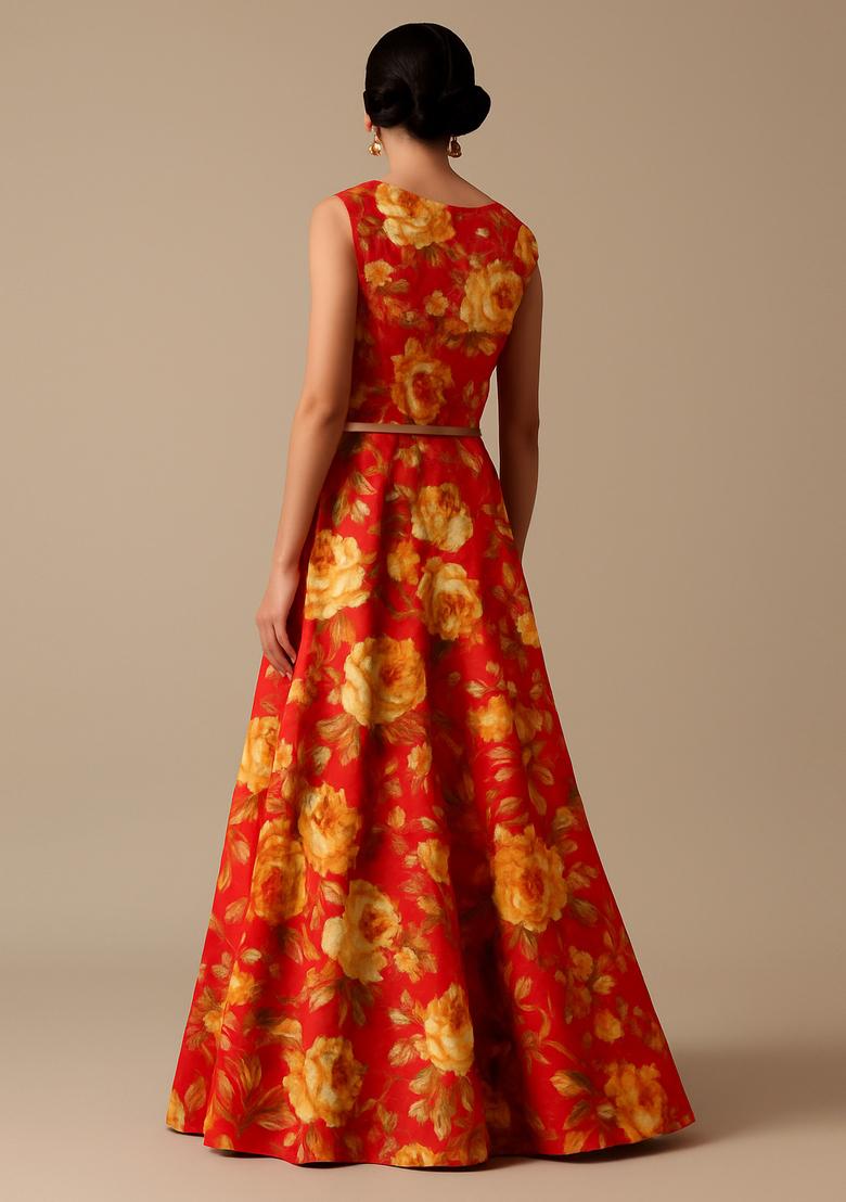 Orange Printed Satin Lehenga Set - Indya