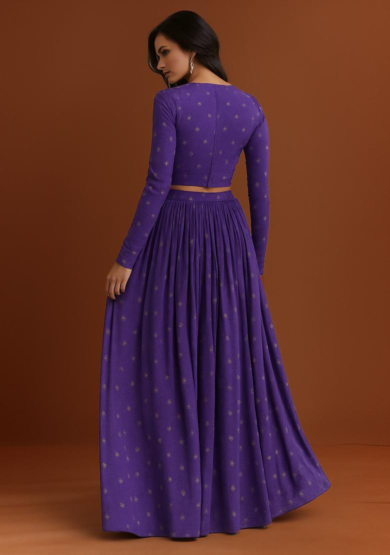 Lavender Embroidered Georgette Lehenga Set - Indya